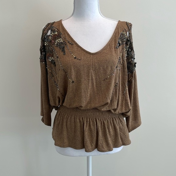 Miss Me Brown Open Shoulder Beaded Sequined Top. Medium - Picture 1 of 10